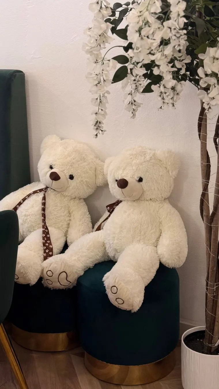 Cozy Setup with White Teddy Bears and Floral Decor